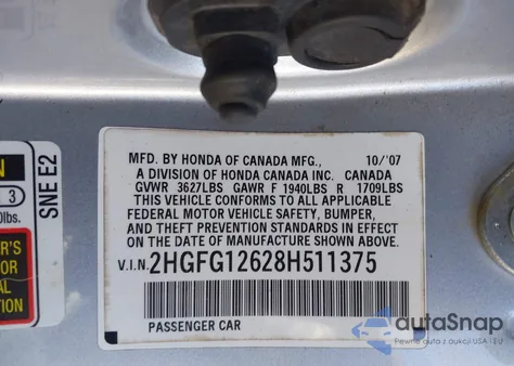2008 Honda Civic Lx from USA, damaged, VIN 2HGFG12628H511375